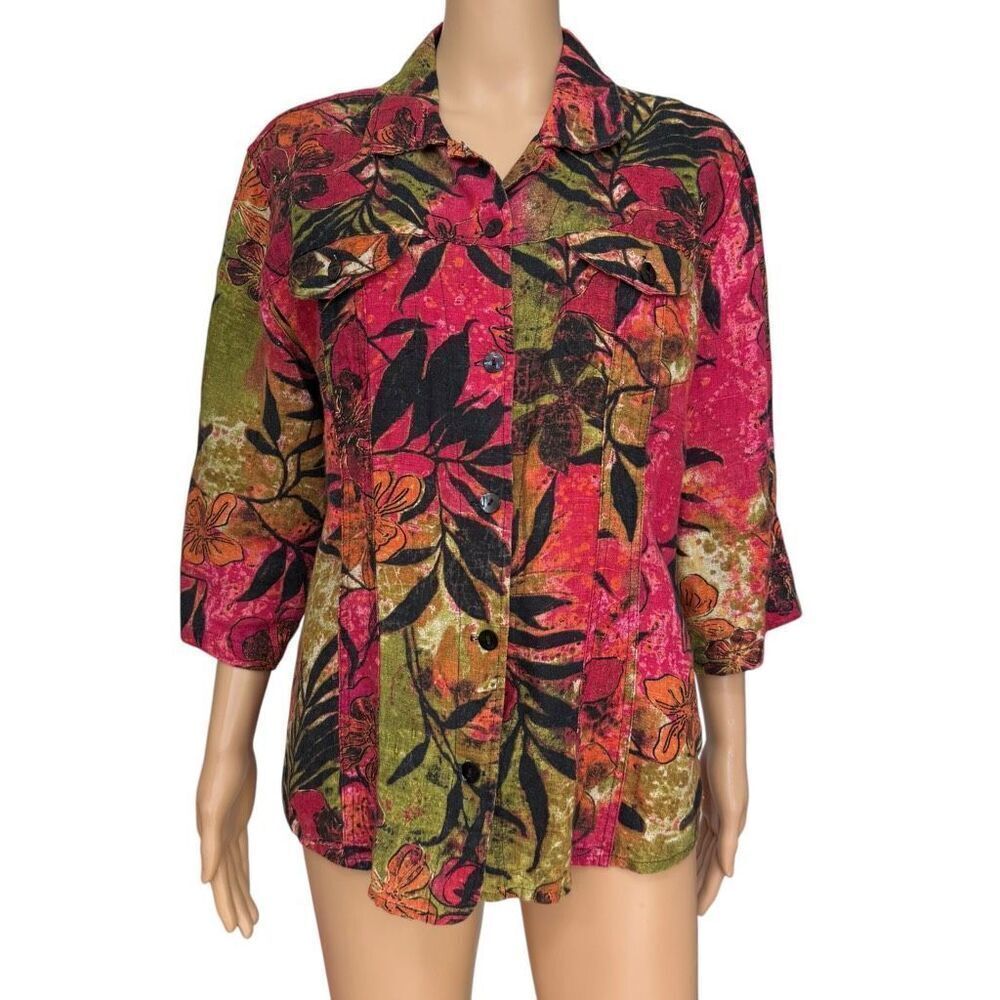 Chico’s 100% linen Shirt Jacket Multicolor tropical Floral Blazer size 2 or L